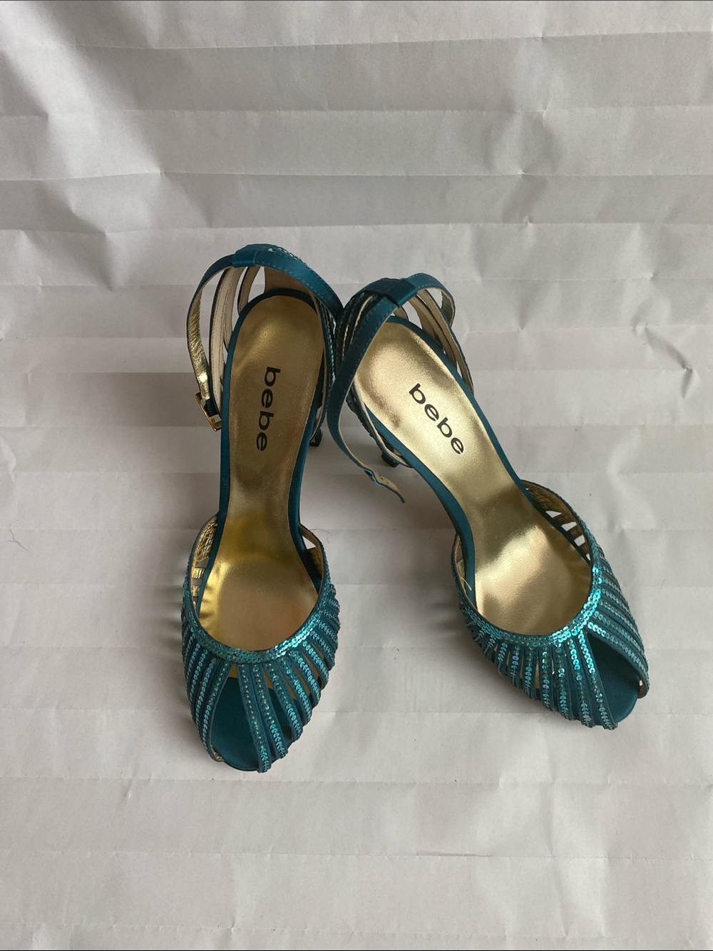 bebe Teal Sequin Peep-Toe Slingback Heels